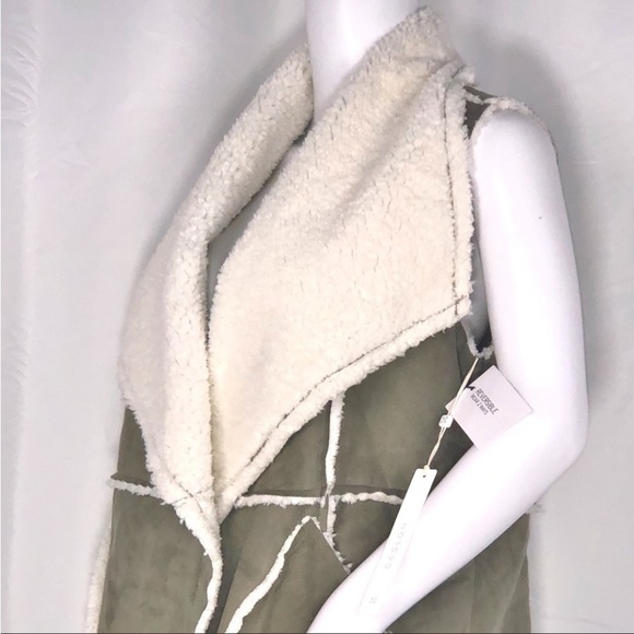 Caslon Reversible Faux Shearling & Vegan Suede Drape Lapel Pocket Patch Vest SzS - Picture 12 of 16